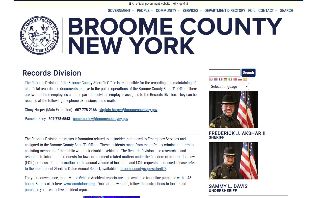 Broome County Sheriff's Office Records Division for police records requests