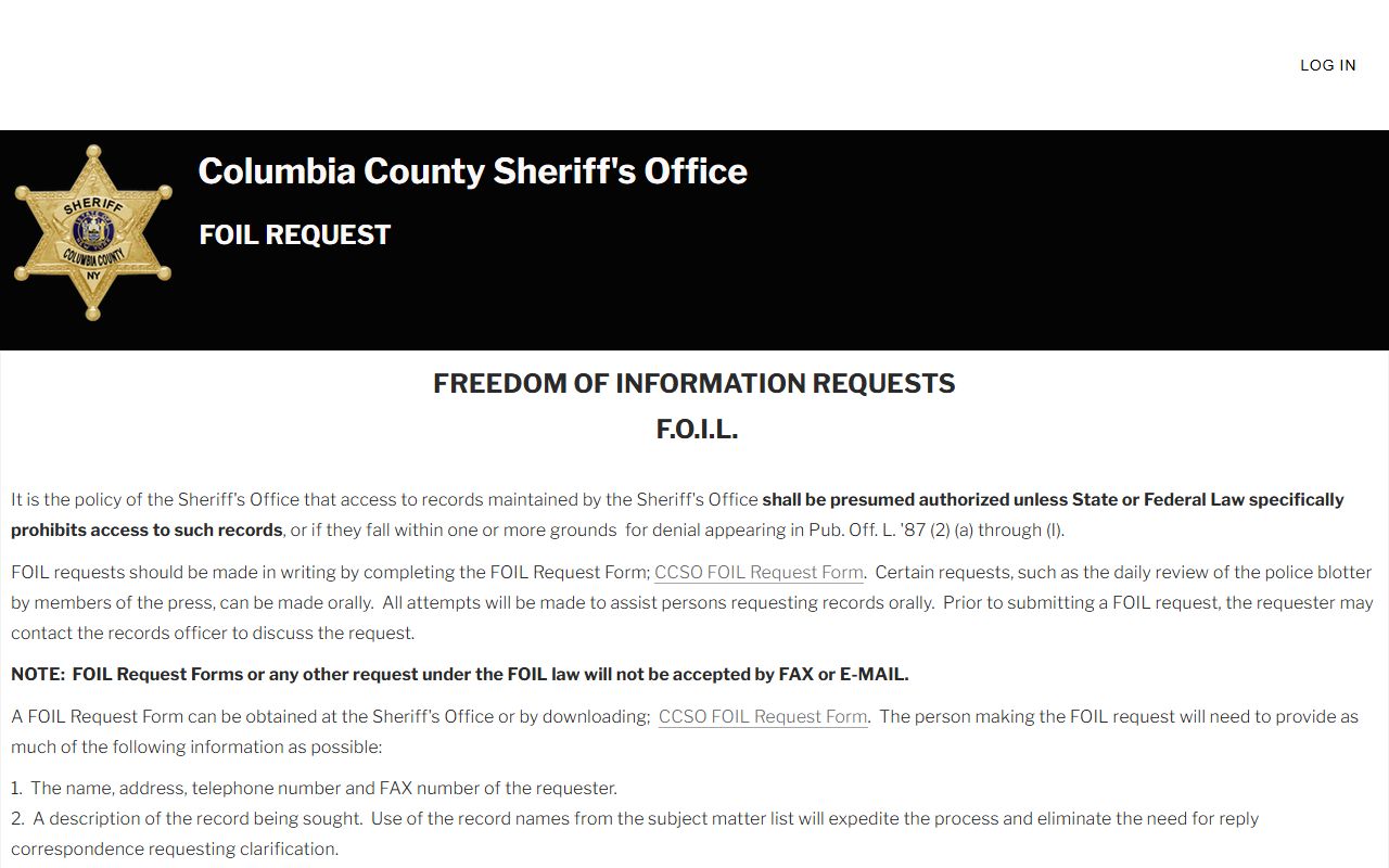 Columbia County Sheriff's Office FOIL request page for police records