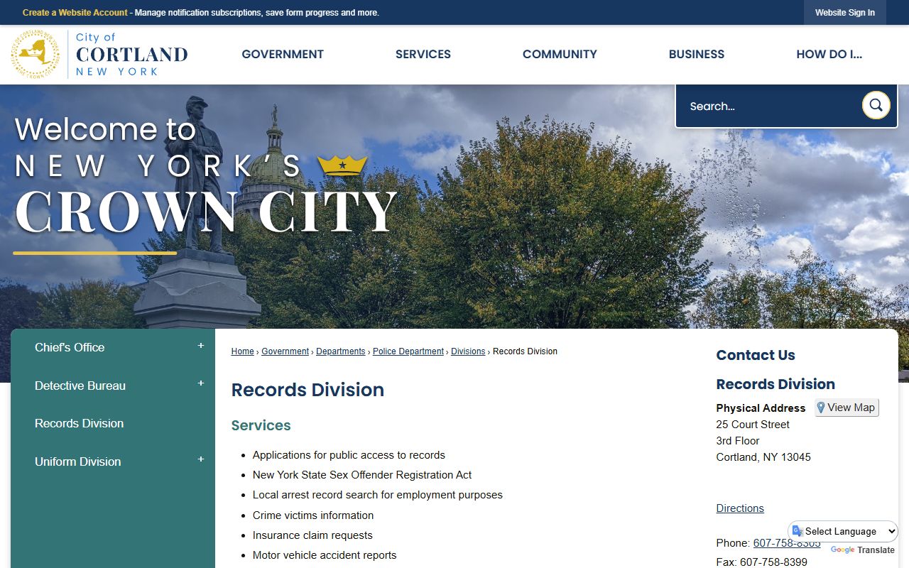 Cortland Police Department Records Division for police records