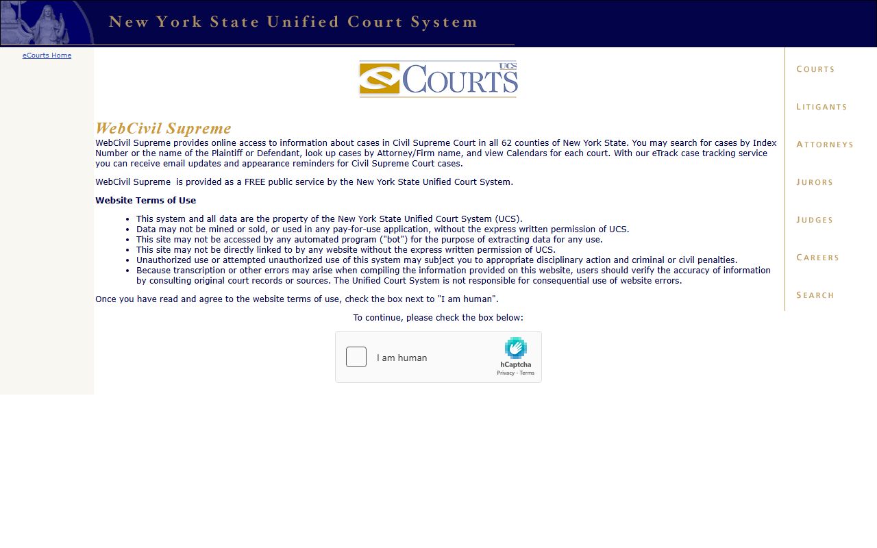 New York Courts WebCivil Supreme search portal for police records