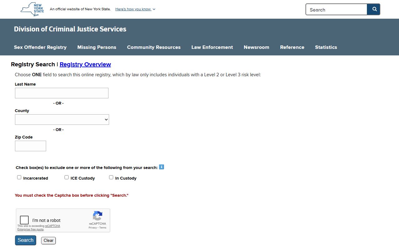 New York Sex Offender Registry search portal for police records lookup